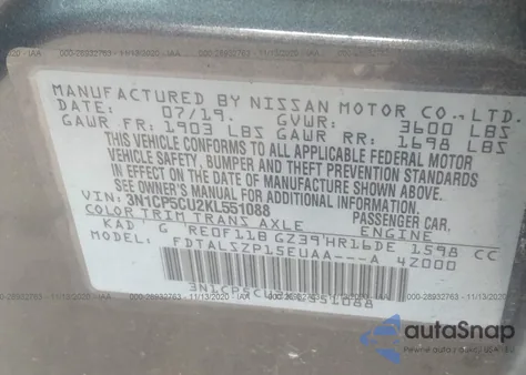 2019 Nissan Kicks Sv z USA, uszkodzony, nr VIN 3N1CP5CU2KL551088